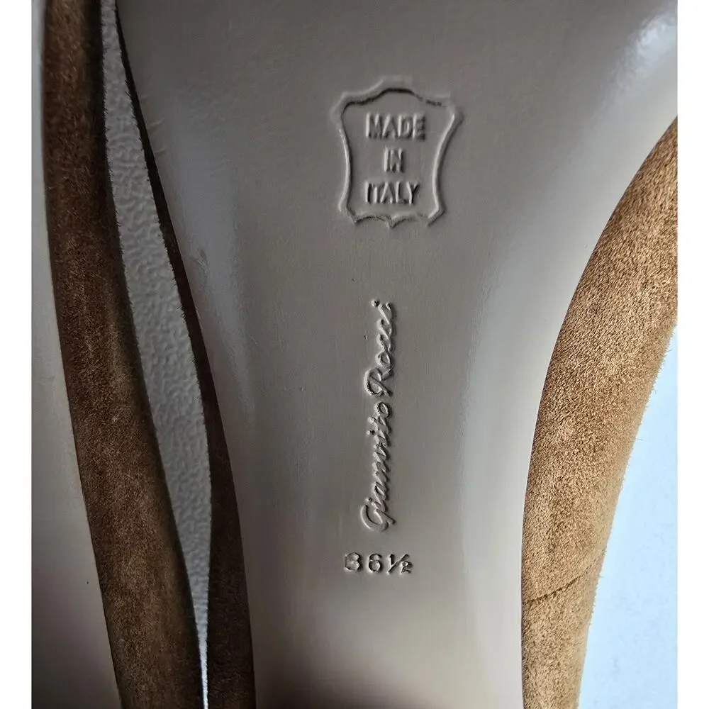 Gianvito Rossi Camel Cognac Suede Heels Pumps 36.5/6.5 Round Toe Block Heel $895